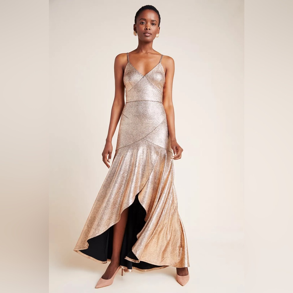 Hutch Vicky Metallic Maxi Dress - Gold Metallic High-Low V-Neck Dress, Size 10